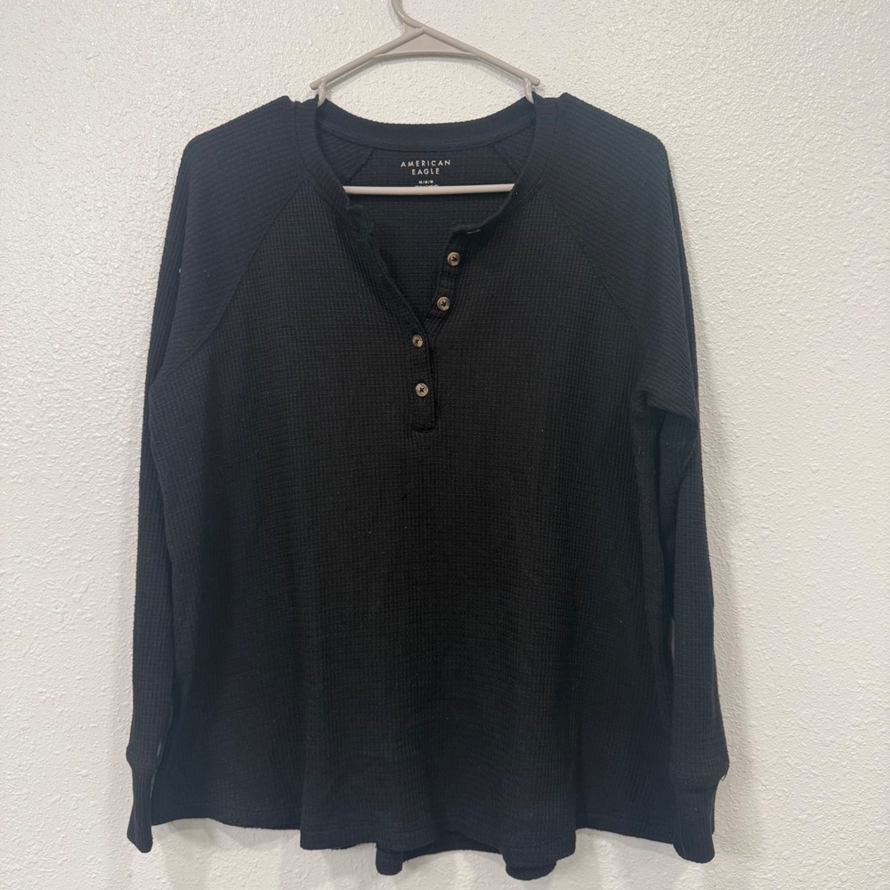 American Eagle Womens Black Waffle Knit Henley Long Sleeve Top Size M